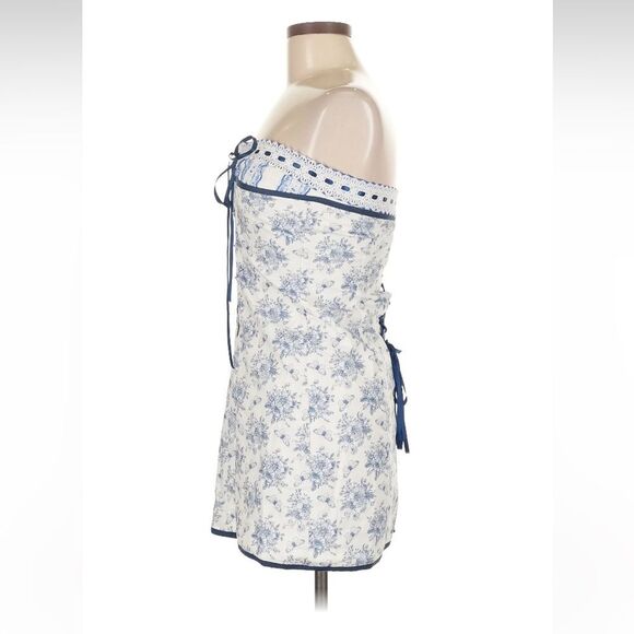 With Jean Sabrin Toile Papillon Strapless Floral Blue White Mini Dress‎ medium - Picture 7 of 16